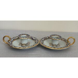 PAIR Antique‎ Russian Porcelain Coble Blue White Gold Lace Candle Holders